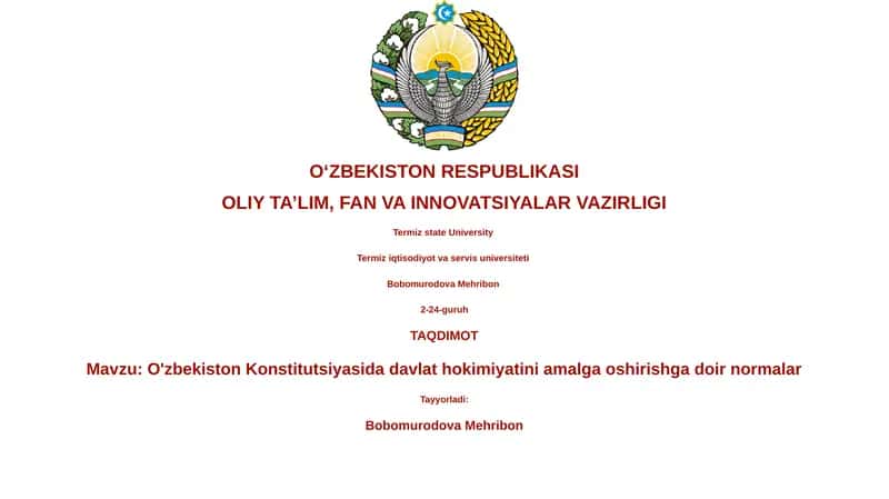 O'zbekiston Konstitutsiyasida davlat hokimiyatini amalga oshirishga doir normalar 1
