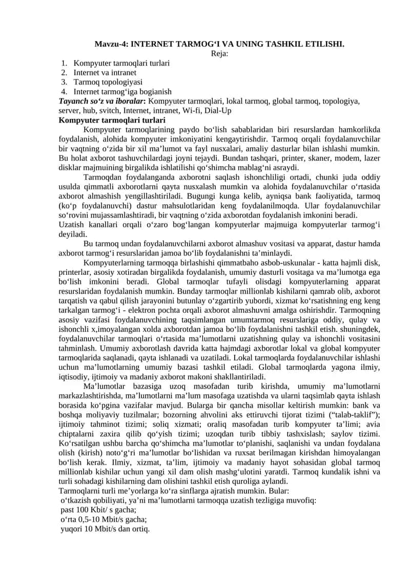 INTERNET TARMOG‘I VA UNING TASHKIL ETILISHI 1