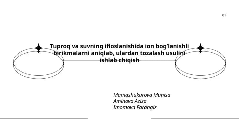 Tuproq va suvning ifloslanishida ion bogʻlanishli birikmalarni aniqlab, ulardan tozalash usulini ishlab chiqish 1