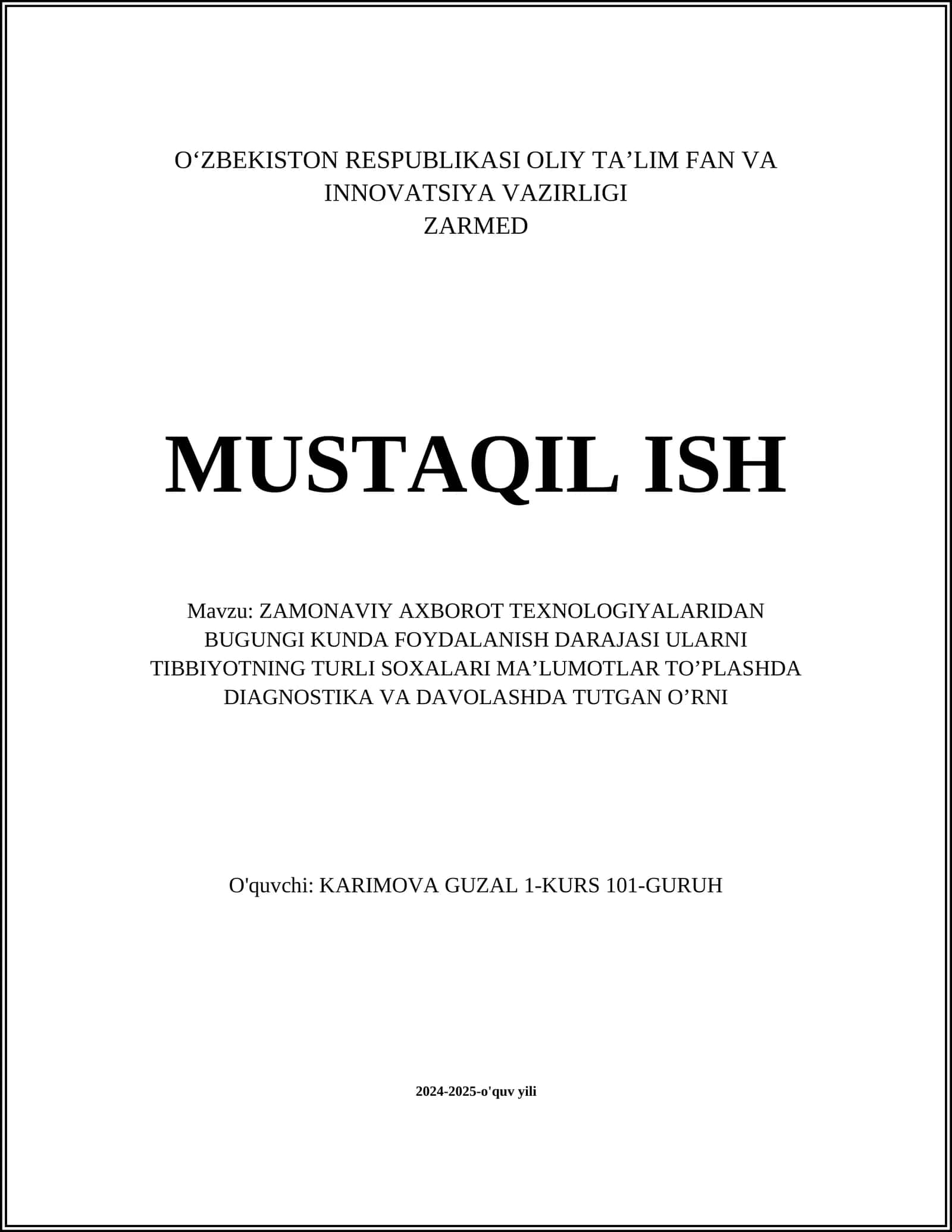 ZAMONAVIY AXBOROT TEXNOLOGIYALARIDAN BUGUNGI KUNDA FOYDALANISH DARAJASI ULARNI TIBBIYOTNING TURLI SOXALARI MA’LUMOTLAR TO’PLASHDA DIAGNOSTIKA VA DAVOLASHDA TUTGAN O’RNI 1