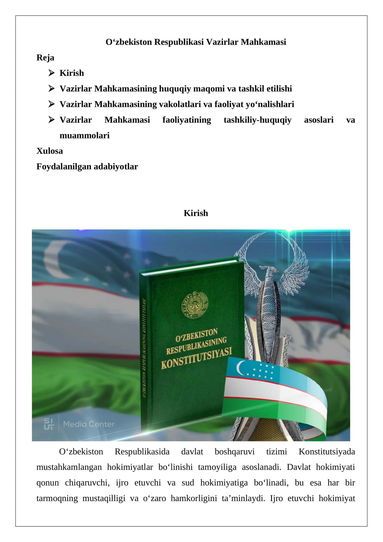 Vazirlar Mahkamasining huquqiy maqomi va tashkil etilishi 1