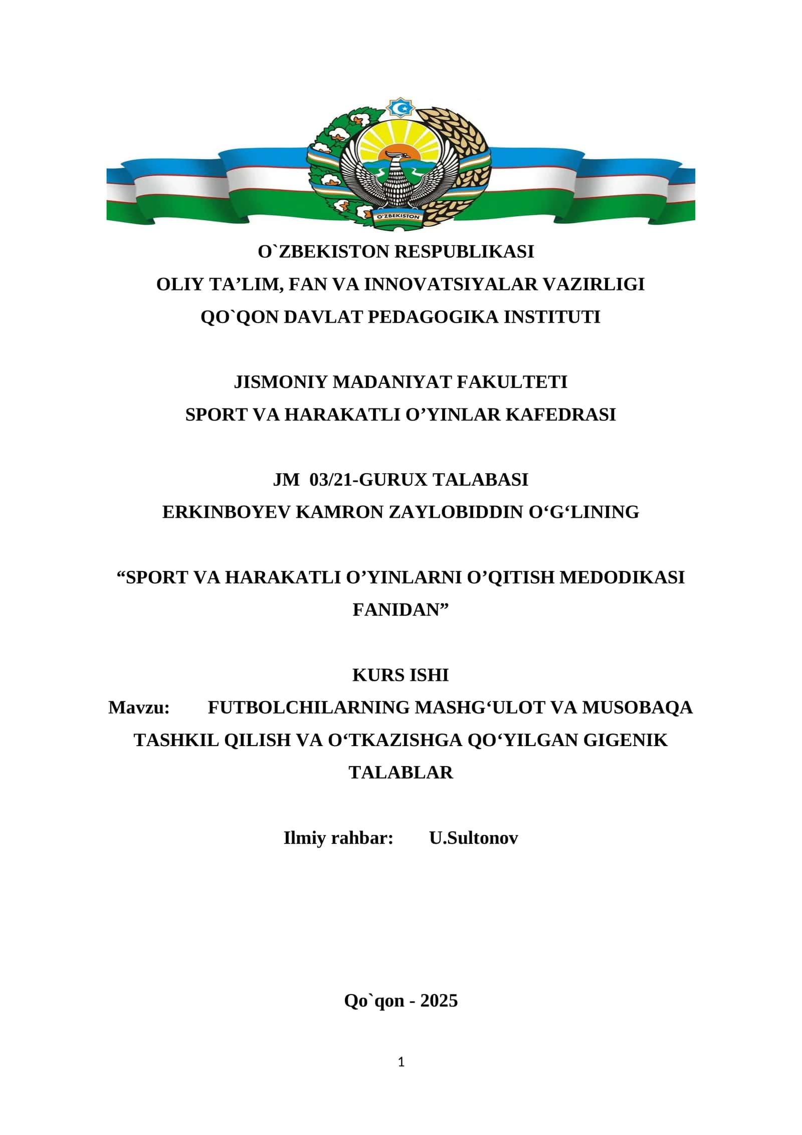 FUTBOLCHILARNING MASHGʻULOT VA MUSOBAQA TASHKIL QILISH VA OʻTKAZISHGA QOʻYILGAN GIGENIK TALABLAR 1