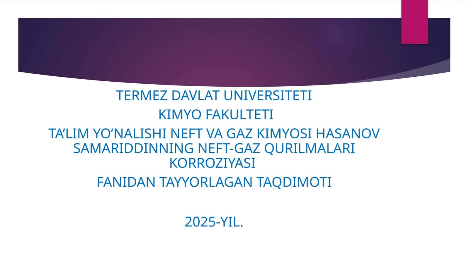 KORROZIYASI.Metallkorroziyasimuammosixalqxoʻjaliginingneft-gaz,neft-kimyo, transport,mashinasozlikvaboshqalarkabikoʻplabsohalariniqamrabolgan.Korroziyaijtimoiyishlabchiqarishgakoʻplabyoʻqotishlarvazararlarkeltirdi 1