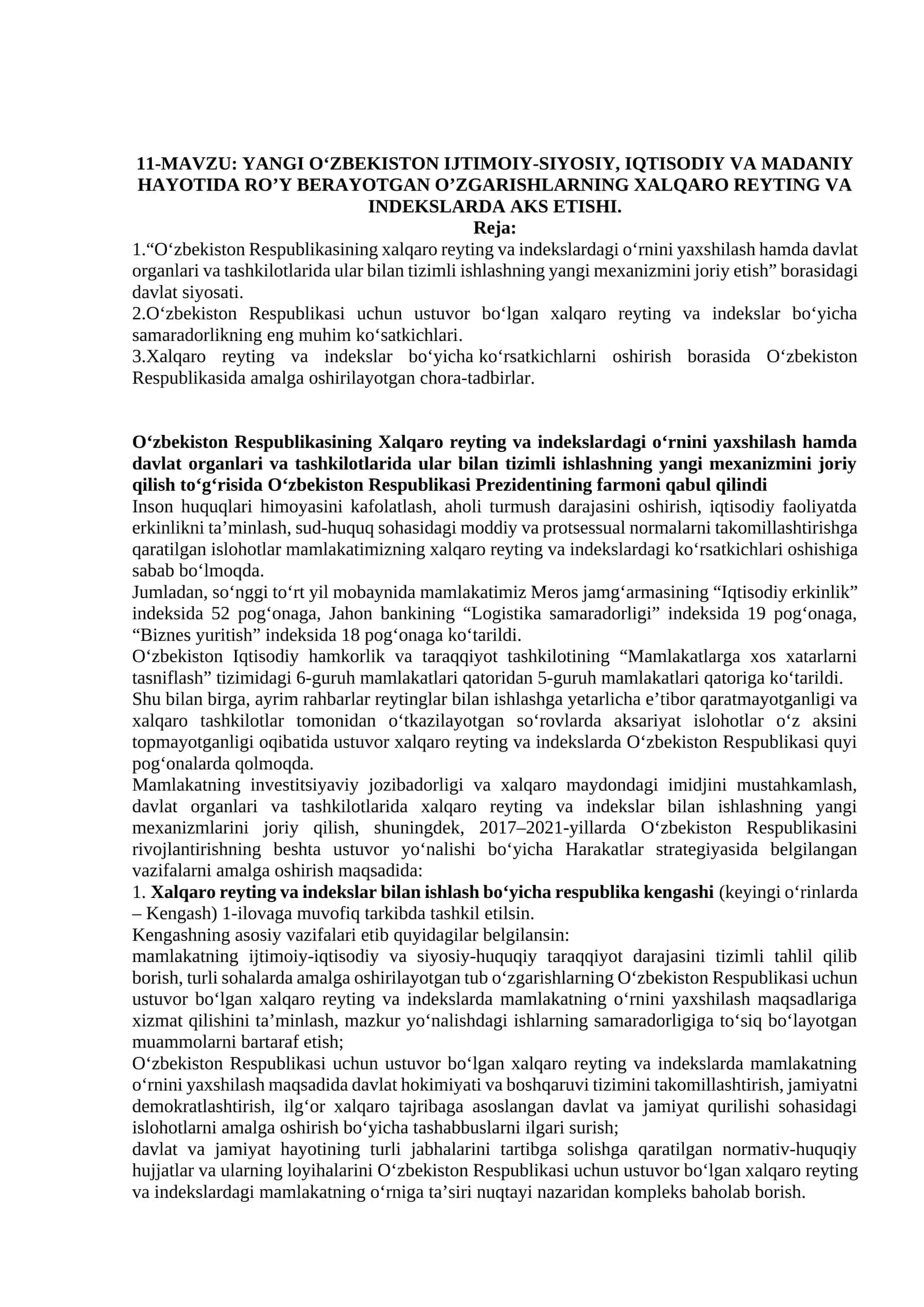 YANGI O‘ZBEKISTON IJTIMOIY-SIYOSIY, IQTISODIY VA MADANIY HAYOTIDA RO’Y BERAYOTGAN O’ZGARISHLARNING XALQARO REYTING VA INDEKSLARDA AKS ETISHI 1