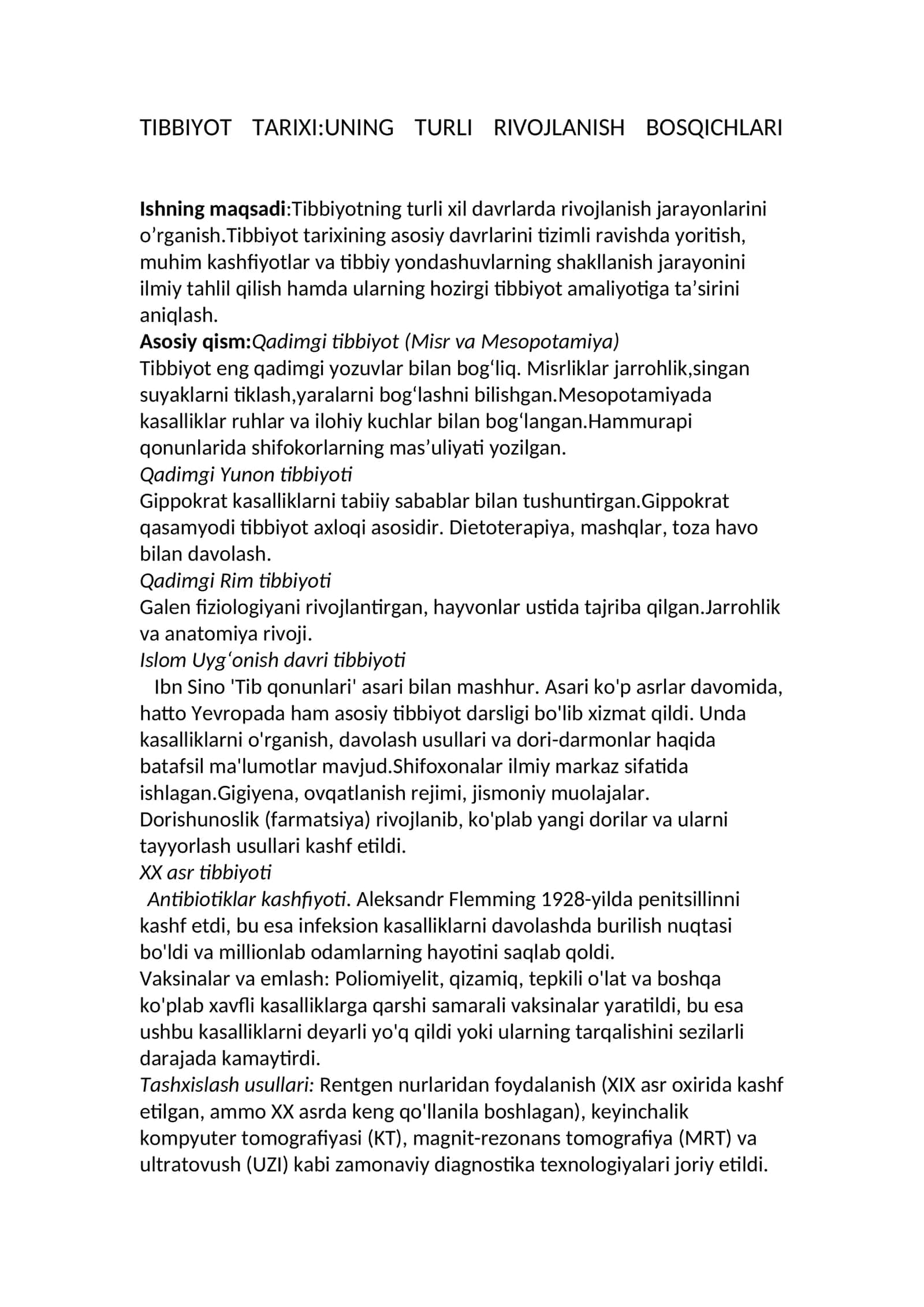 TIBBIYOT TARIXI:UNING TURLI RIVOJLANISH BOSQICHLARI 1
