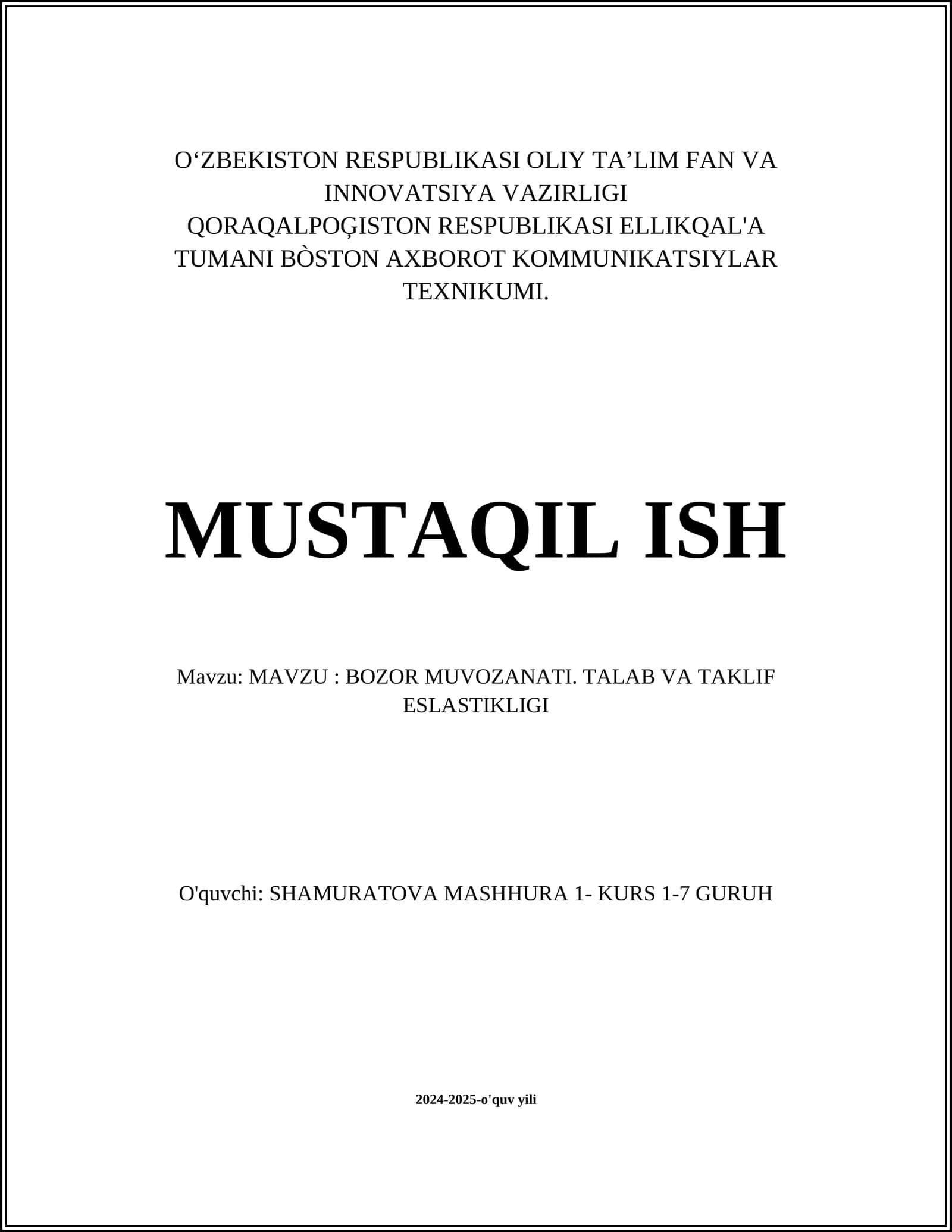 BOZOR MUVOZANATI. TALAB VA TAKLIF ESLASTIKLIGI 1