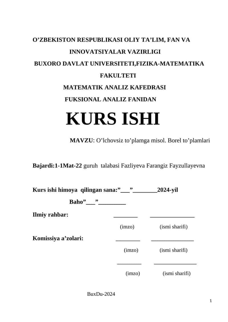 O’lchovsiz to’plamga misol. Borel to’plamlari 1