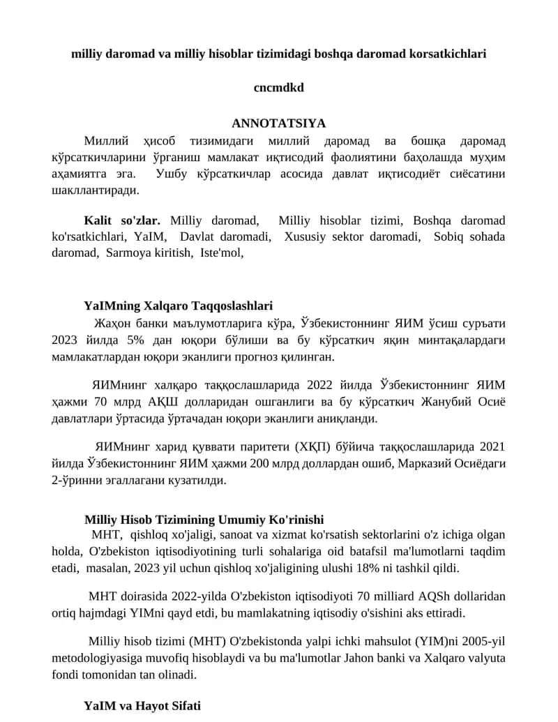Milliy daromad va milliy hisoblar tizimidagi boshqa daromad korsatkichlari 1