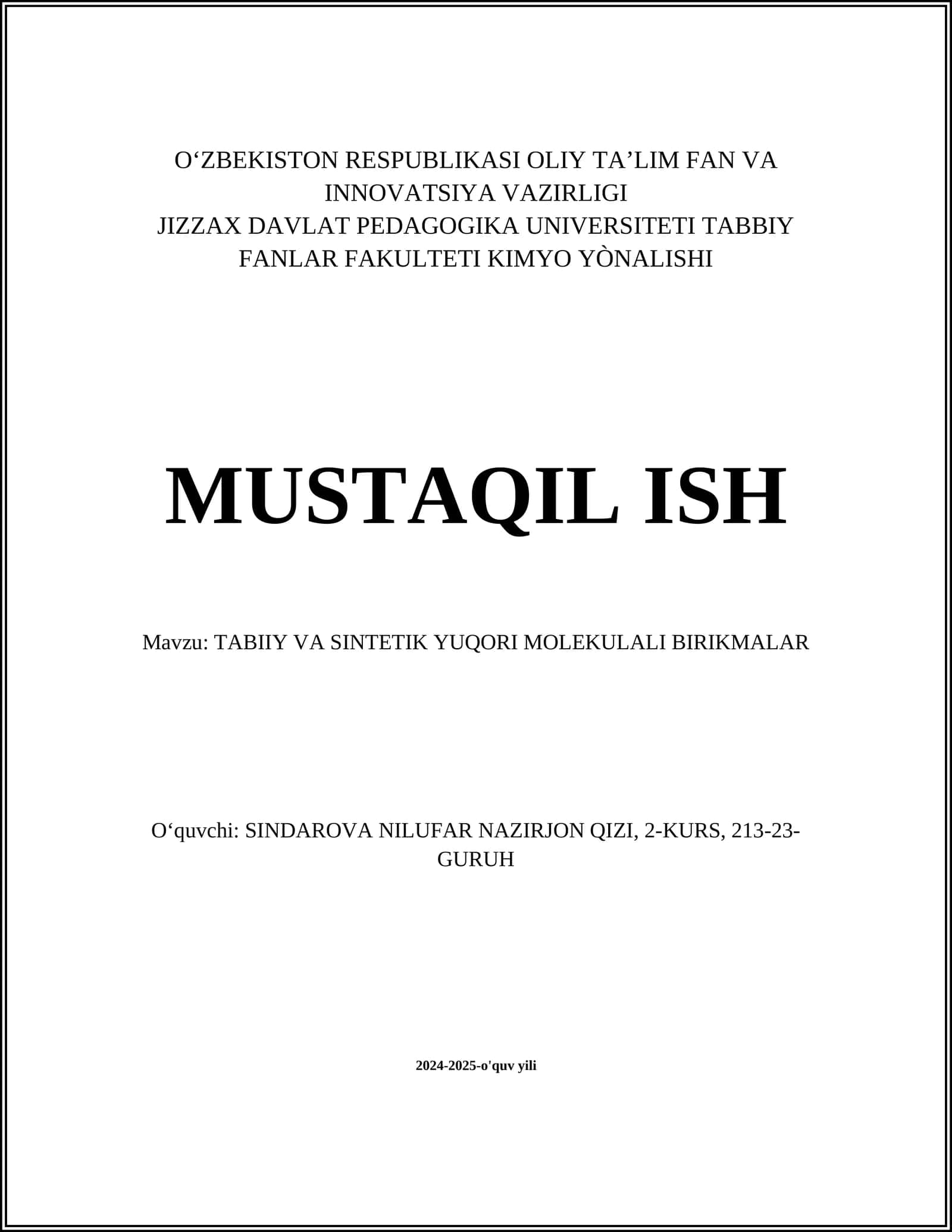 TABIIY VA SINTETIK YUQORI MOLEKULALI BIRIKMALAR 1