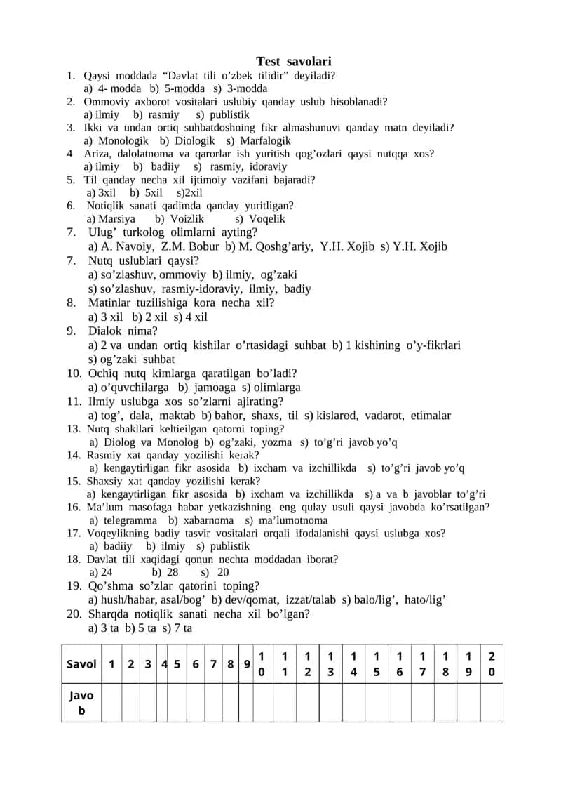 Davlat tilida ish yuritish test 1