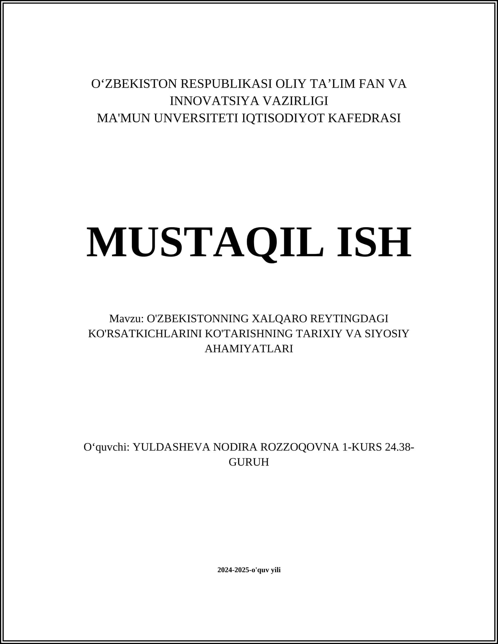 O'ZBEKISTONNING XALQARO REYTINGDAGI KO'RSATKICHLARINI KO'TARISHNING TARIXIY VA SIYOSIY AHAMIYATLARI 1