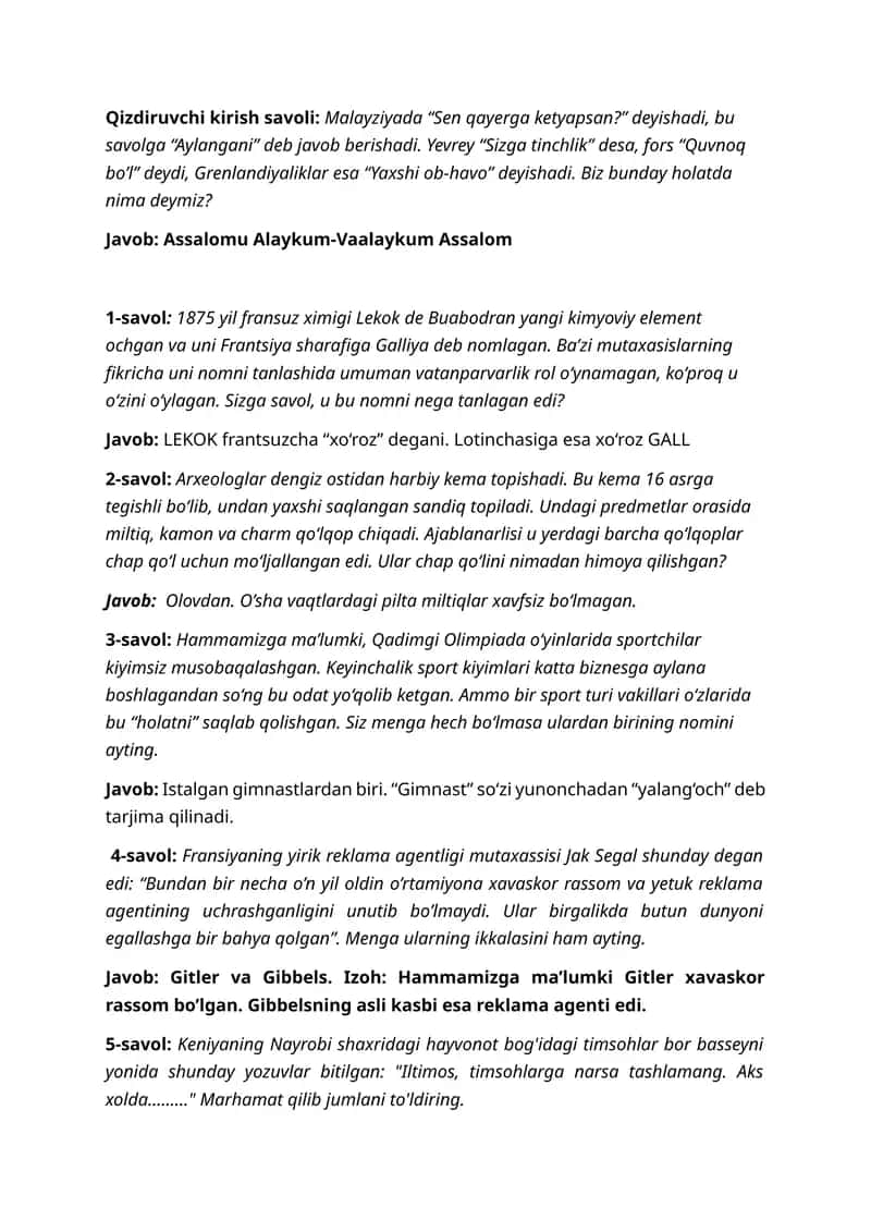 Zakovat 40ta savol javoblari bilan birgalikda. 1