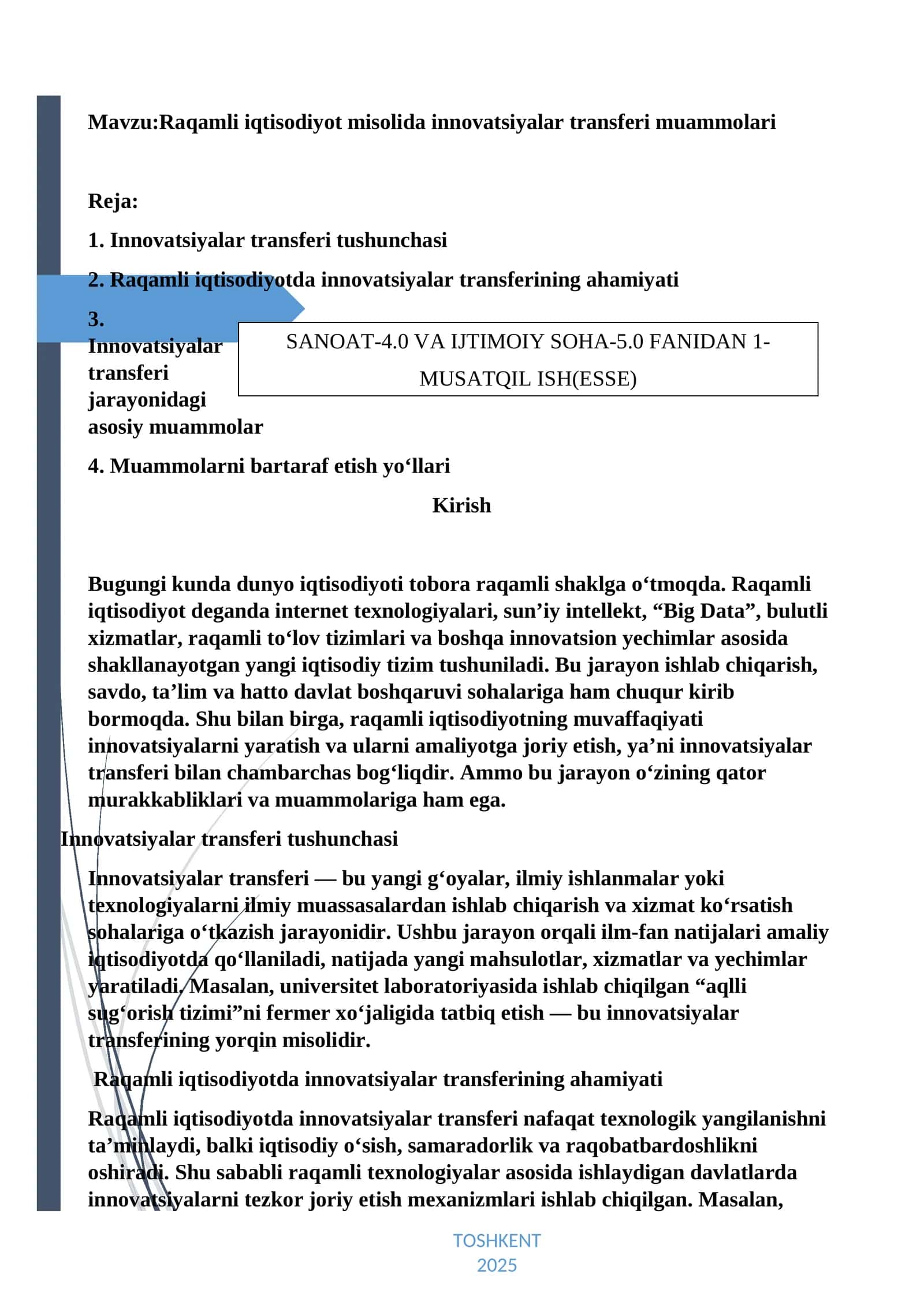 Raqamli iqtisodiyot misolida innovatsiyalar transferi muammolari 1