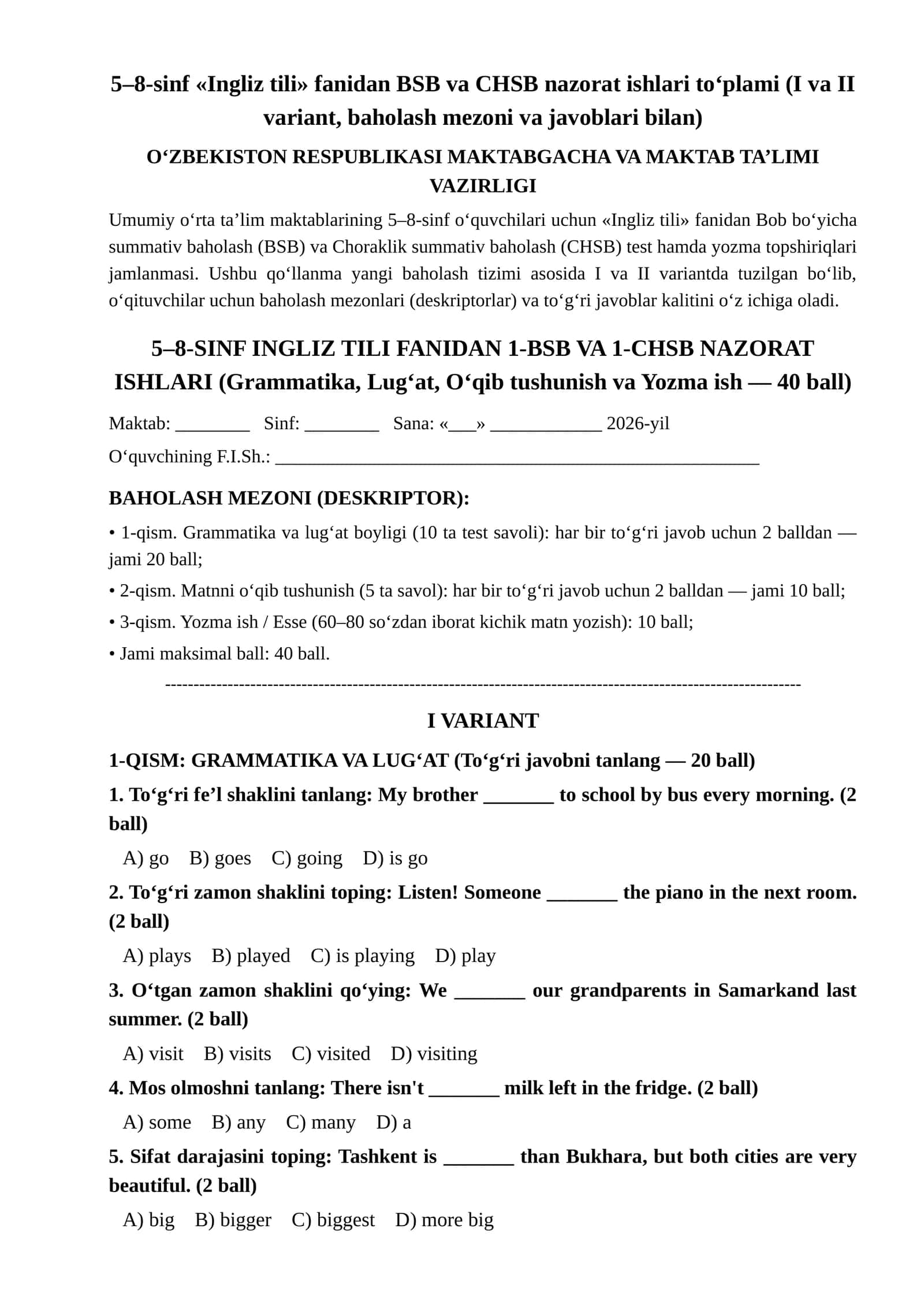 5–8-sinf «Ingliz tili» fanidan BSB va CHSB nazorat ishlari to‘plami (I va II variant, baholash mezoni va javoblari bilan) 1