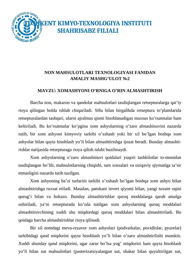 NON MAHSULOTLARI TEXNOLOGIYASI FANIDAN AMALIY MASHG’ULOT №2 1