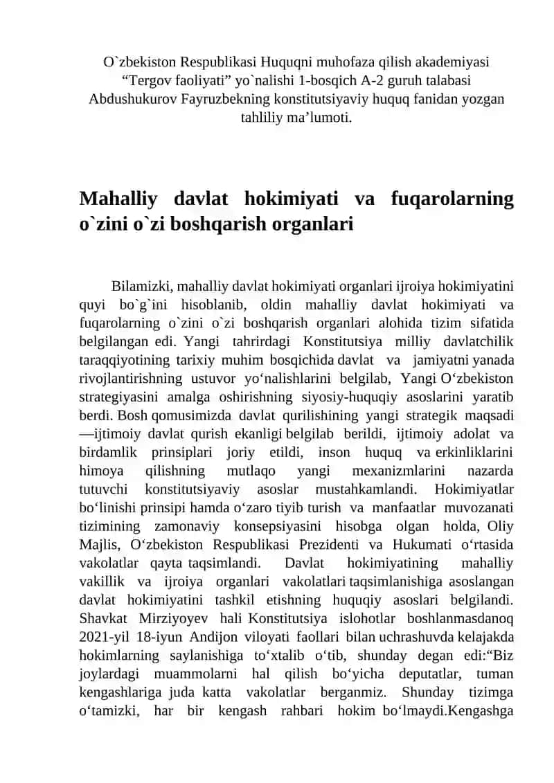 Mahalliy davlat hokimiyati va fuqarolarning o`zini o`zi boshqarish organlari
