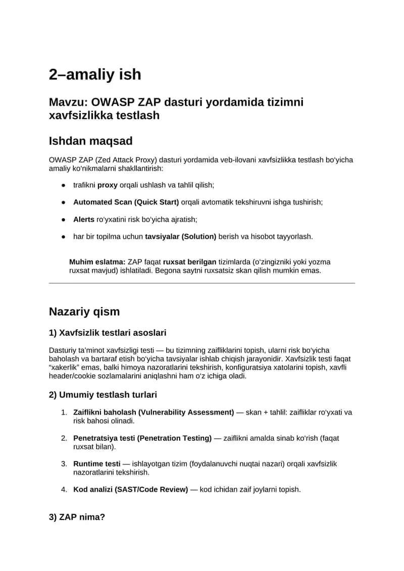 OWASP ZAP dasturi yordamida tizimni xavfsizlikka testlash 1