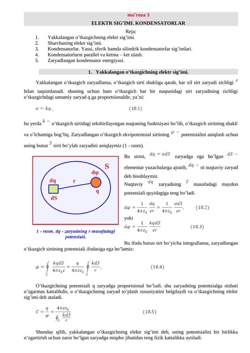 Elektr sig’imi. Kondensatorlar 1