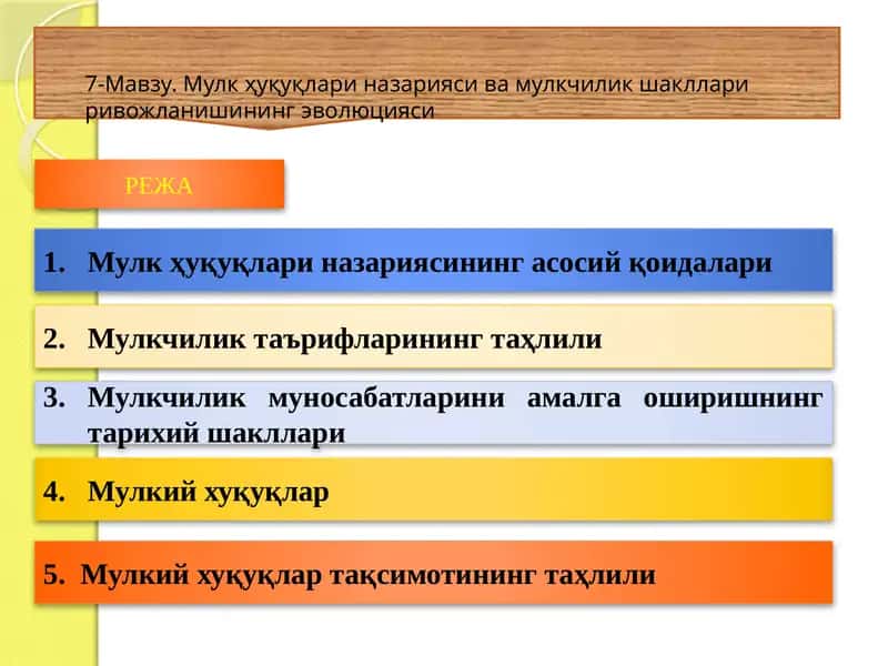 Мулк ҳуқуқлари назарияси ва мулкчилик шакллари ривожланишининг эволюцияси 1