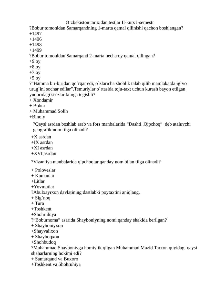 O’zbekiston tarixidan testlar II-kurs I-semestr 1