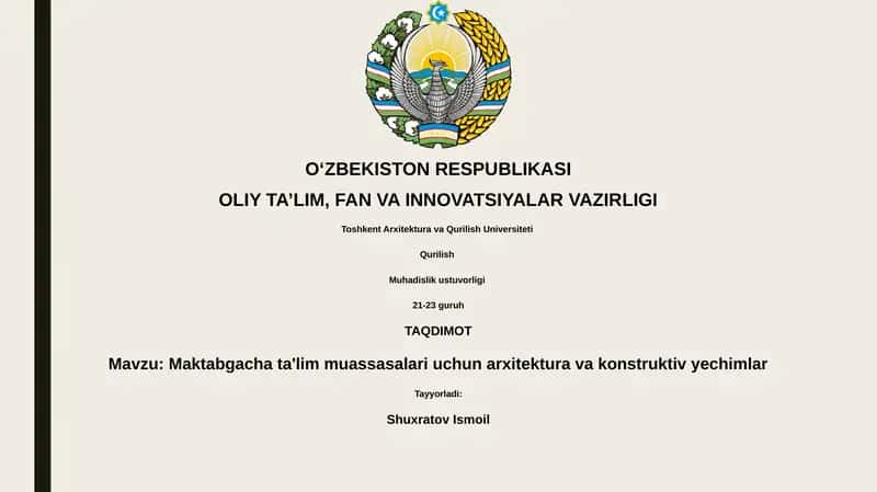 Maktabgacha ta'lim muassasalari uchun arxitektura va konstruktiv yechimlar 1