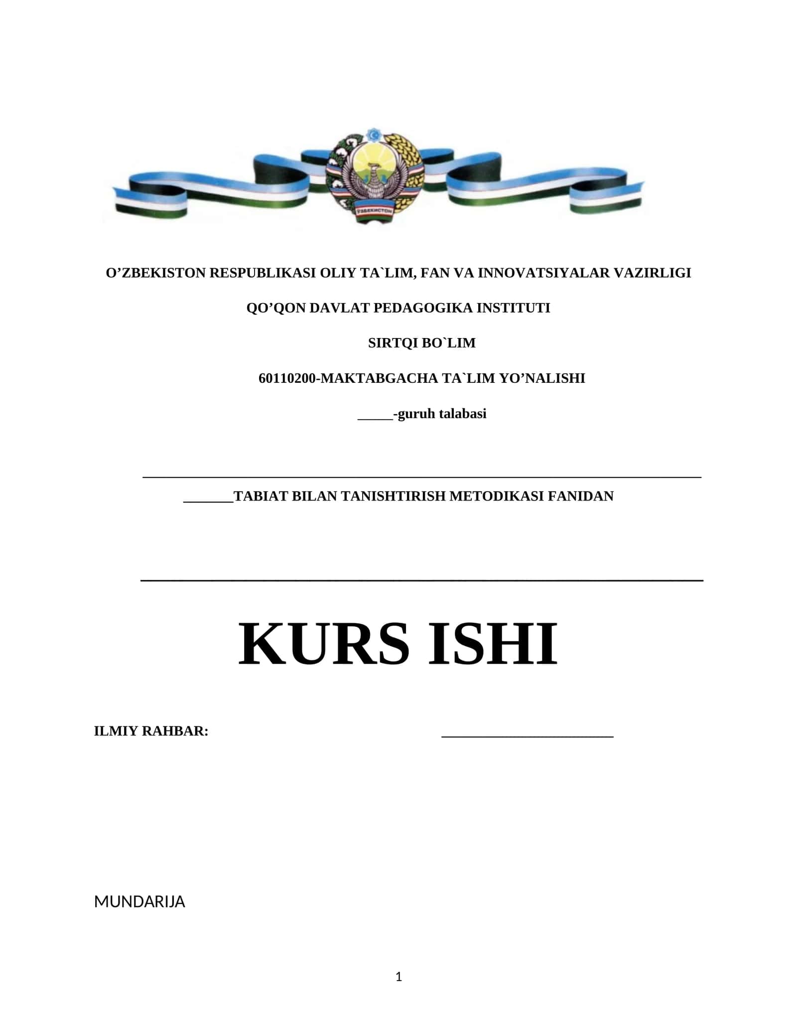 TABIAT BILAN TANISHTIRISH METODIKASI FANIDAN KURS ISHI 1