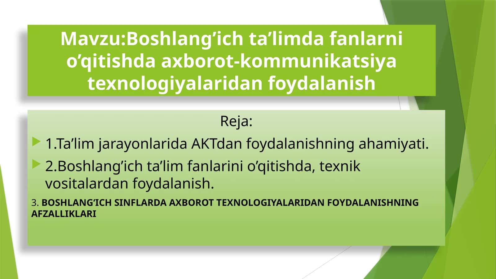 Boshlang’ich ta’limda fanlarni o’qitishda axborot-kommunikatsiya texnologiyalaridan foydalanish 1