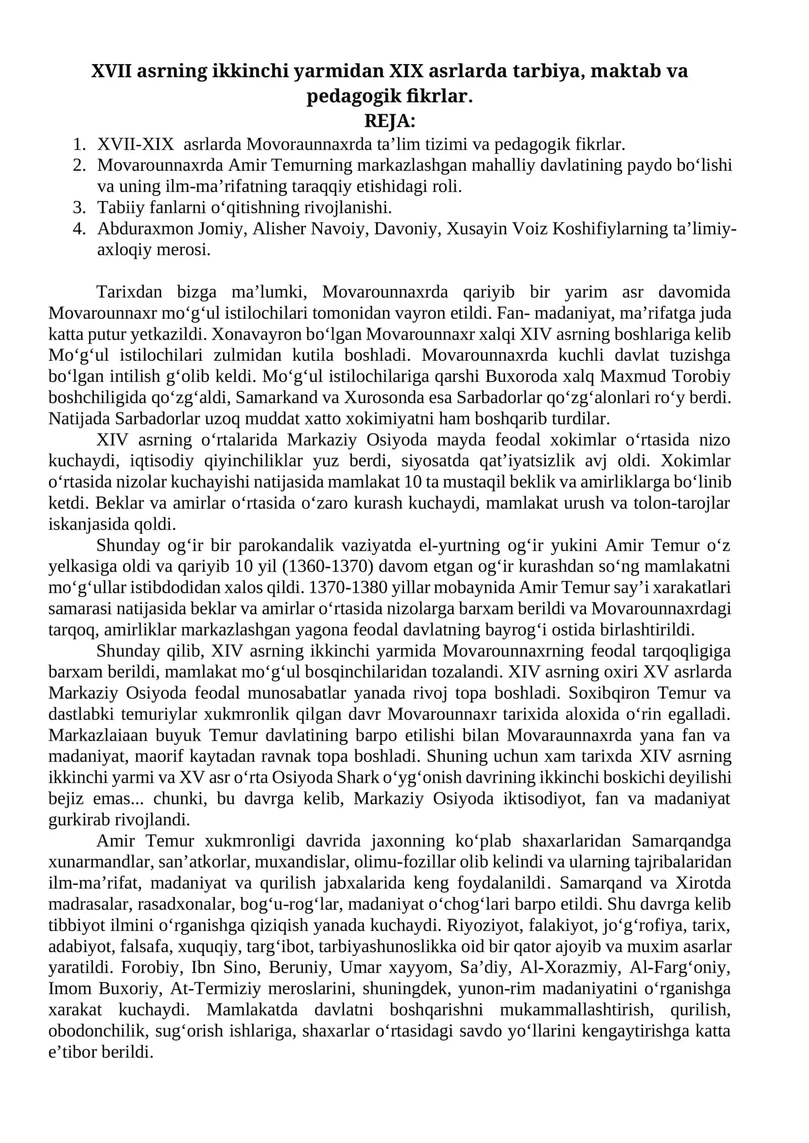 XVII asrning ikkinchi yarmidan XIX asrlarda tarbiya, maktab va pedagogik fikrlar 1
