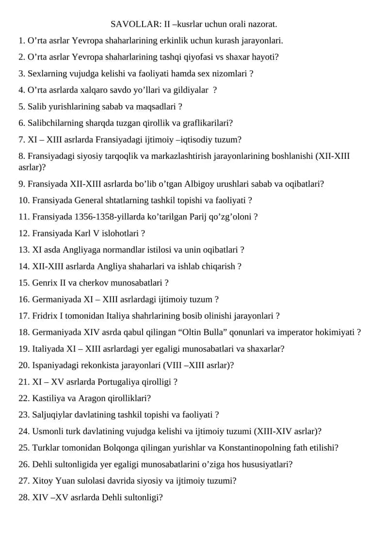 SAVOLLAR: II –kusrlar uchun orali nazorat. 1