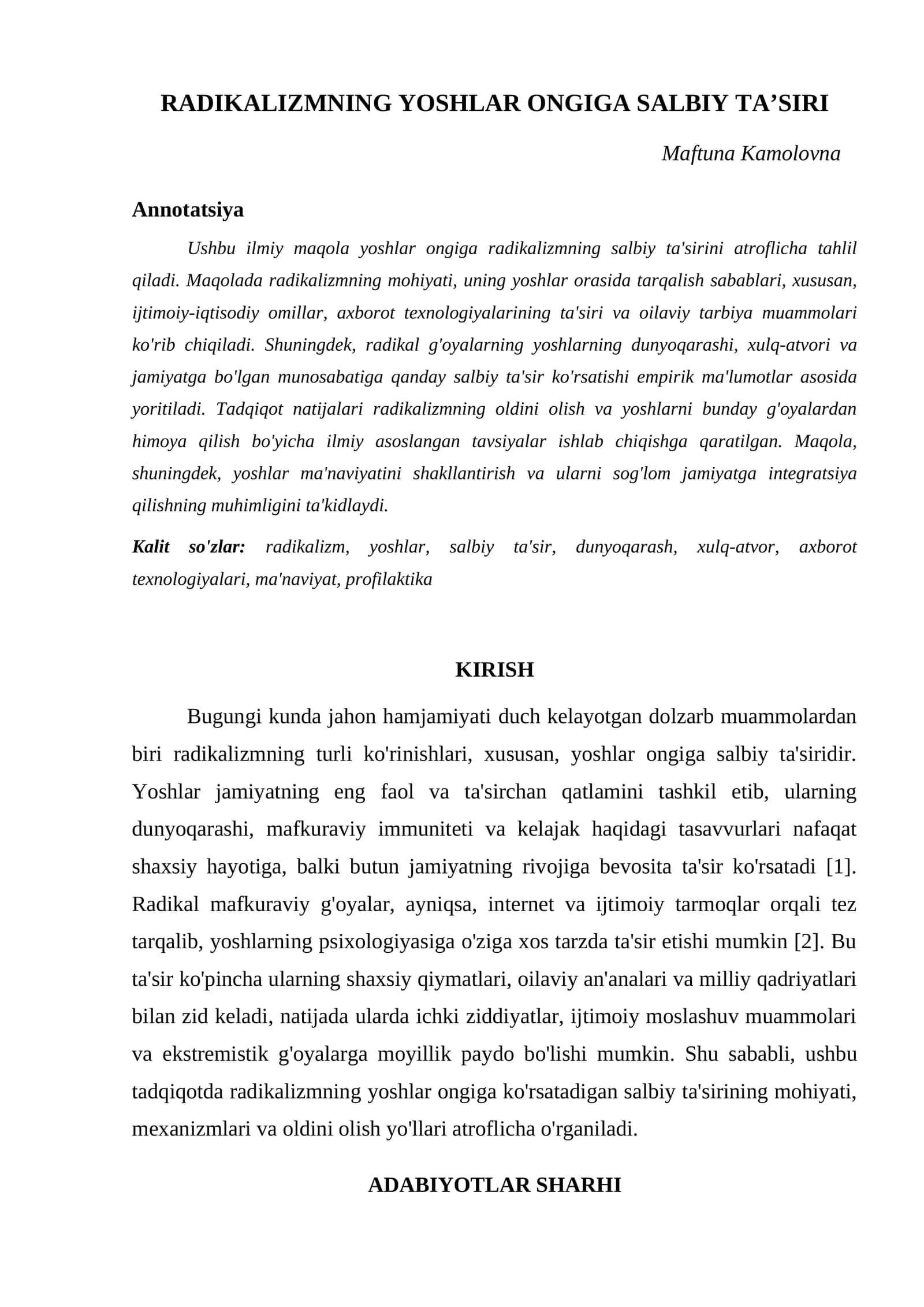RADIKALIZMNING YOSHLAR ONGIGA SALBIY TAʼSIRI 1