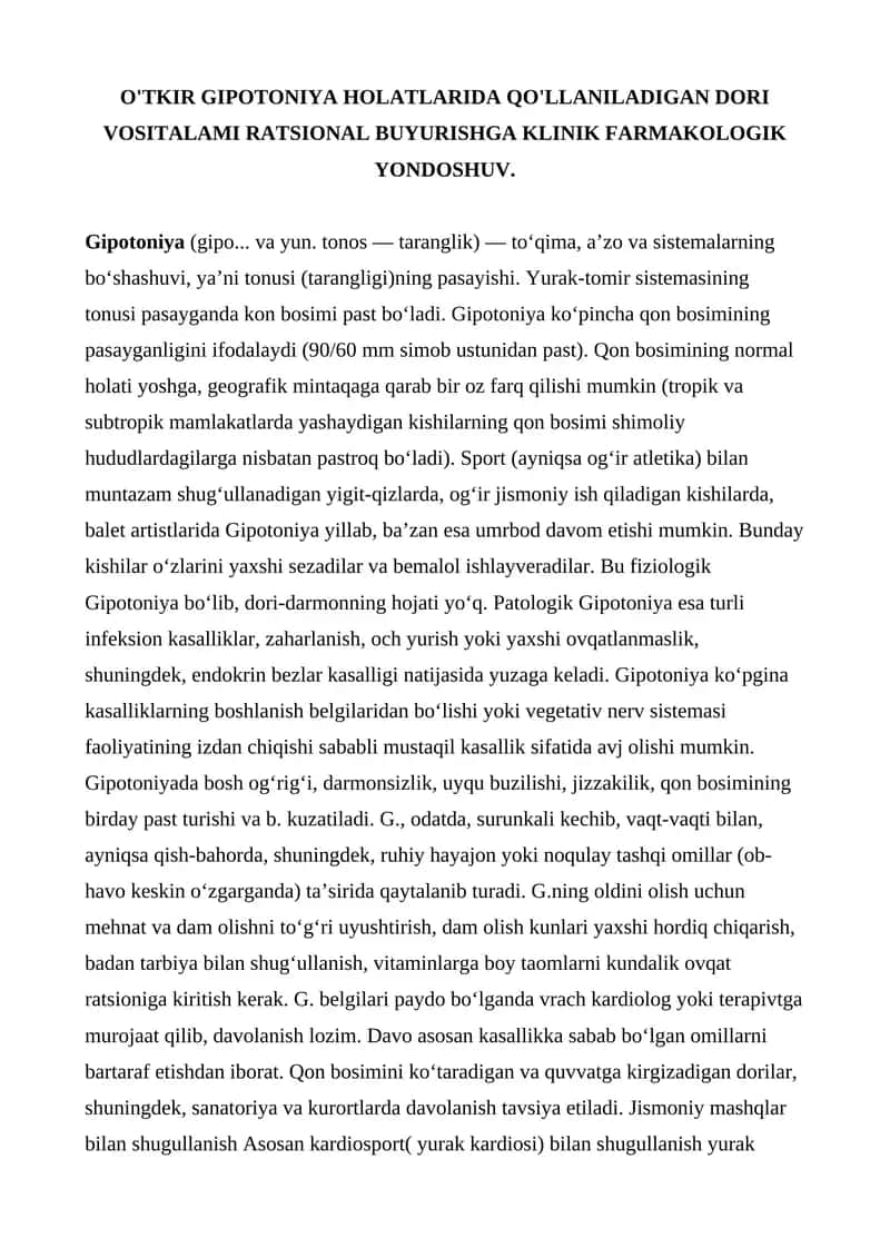 O'TKIR GIPOTONIYA HOLATLARIDA QO'LLANILADIGAN DORI VOSITALAMI RATSIONAL BUYURISHGA KLINIK FARMAKOLOGIK YONDOSHUV 1