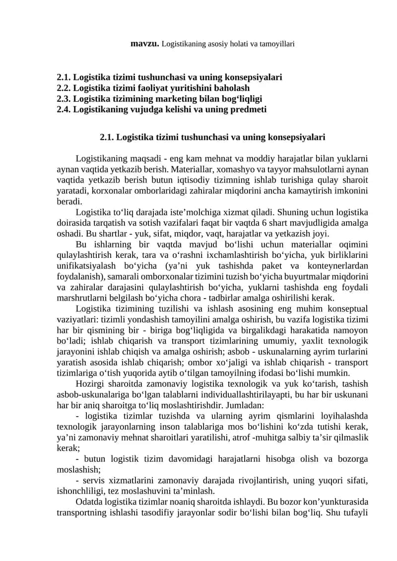 Logistikaning asosiy holati va tamoyillari 1