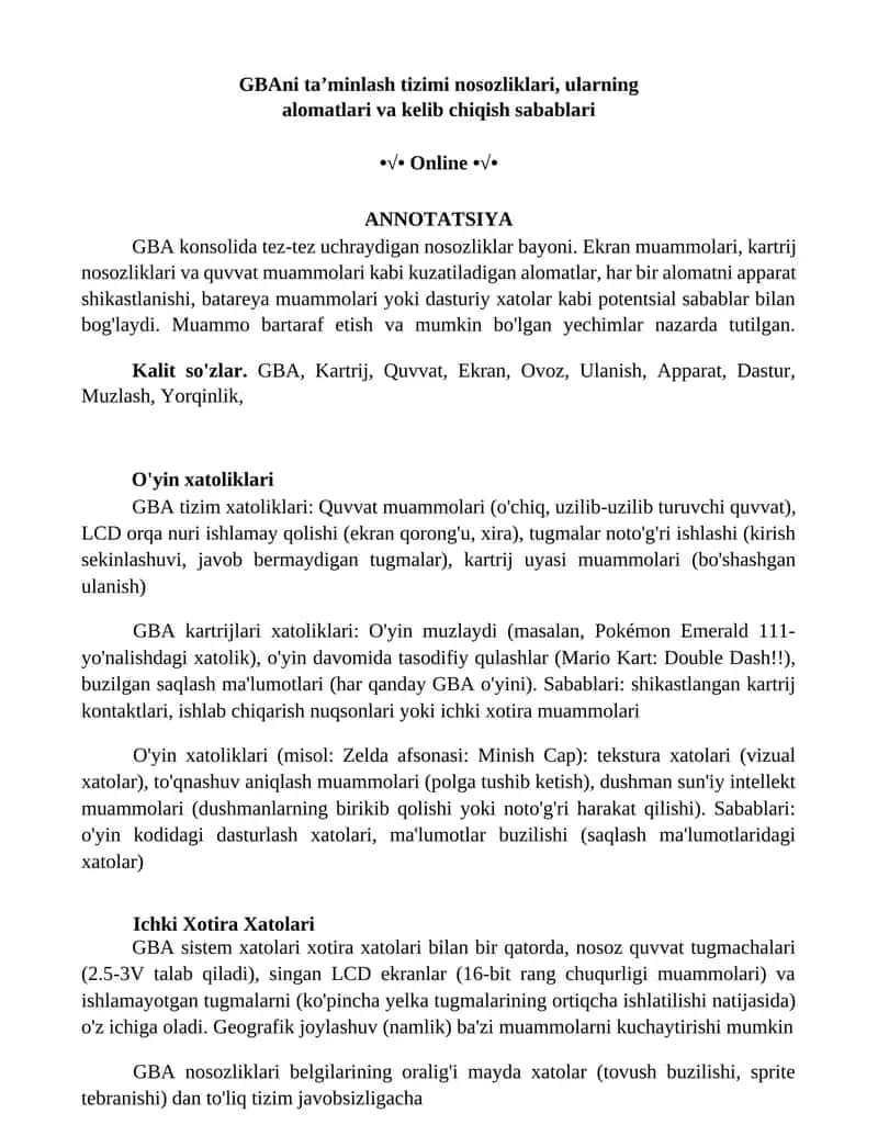GBAni ta’minlash tizimi nosozliklari, ularning alomatlari va kelib chiqish sabablari 1