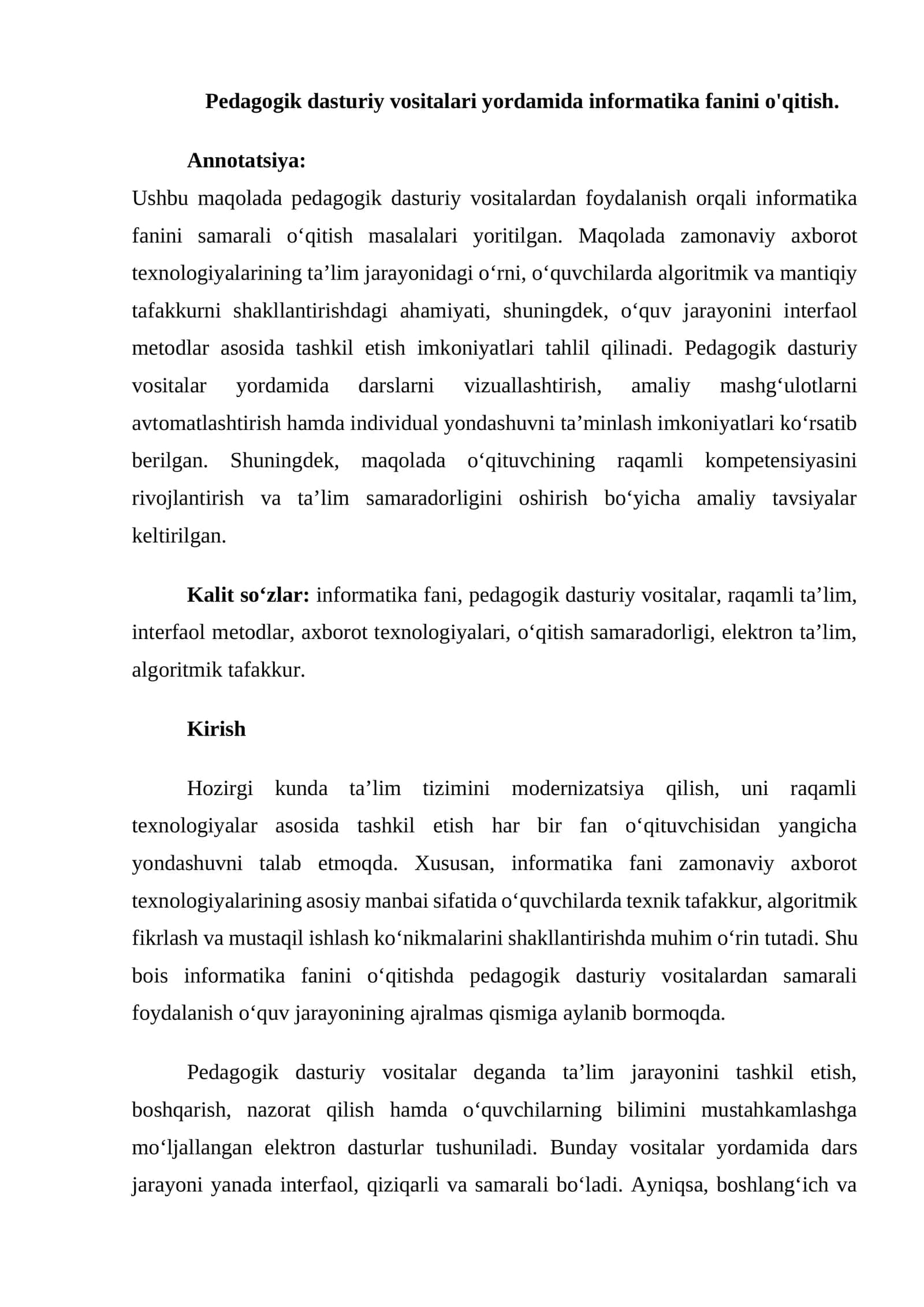 Pedagogik dasturiy vositalari yordamida informatika fanini o'qitish 1