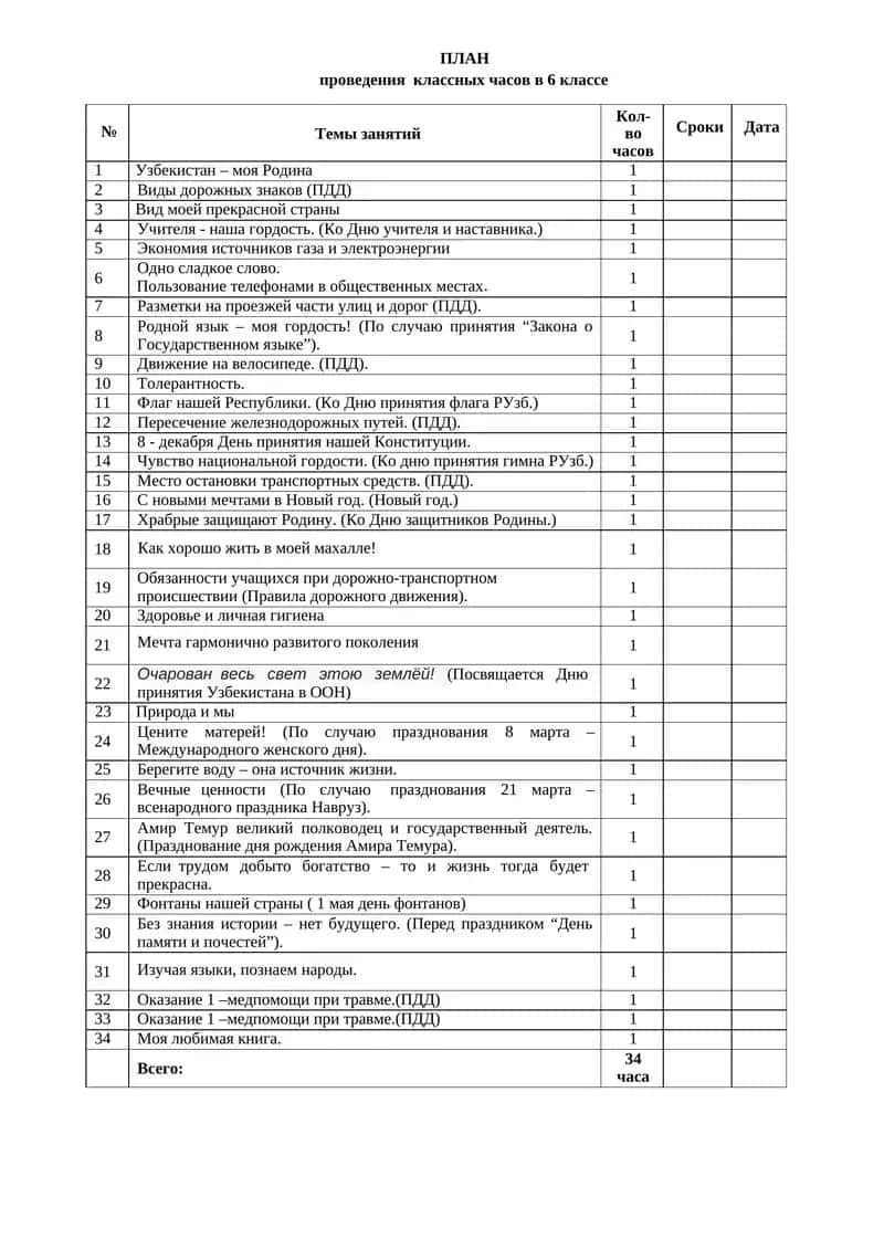 ПЛАН проведения классных часов в 6 классе 1