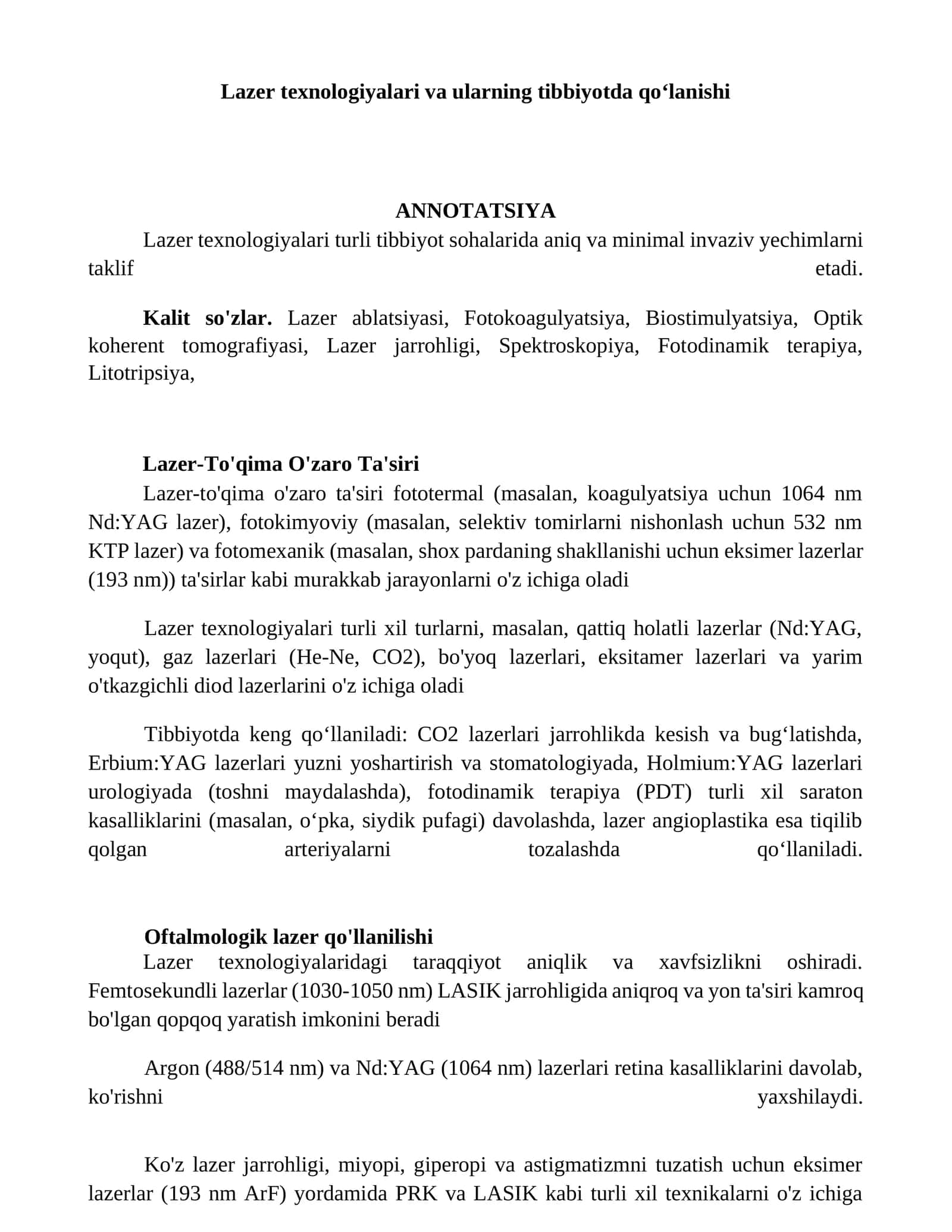 Lazer texnologiyalari va ularning tibbiyotda qo'lanishi 1