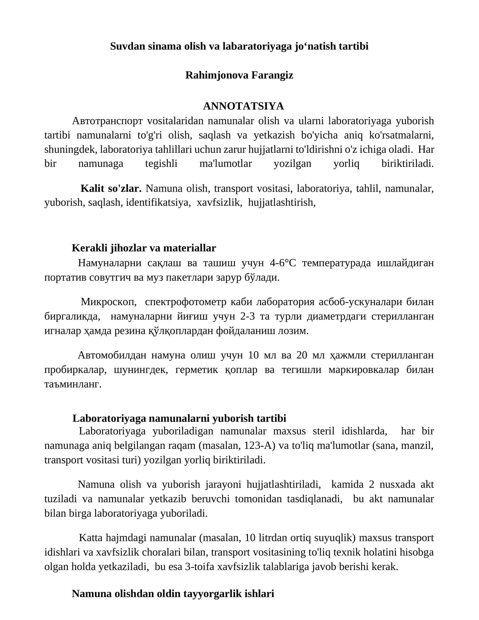 Namunalar olish va labaratoriyaga joʻnatish tartibi 1