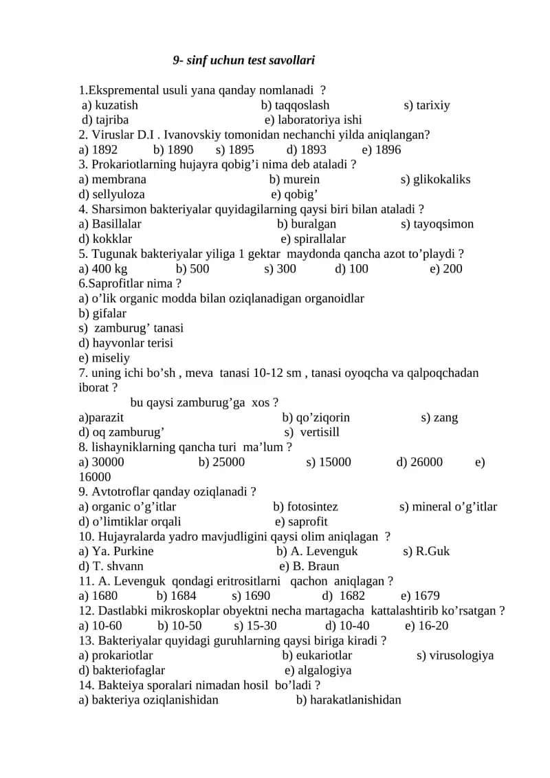 9- sinf uchun test savollari 1