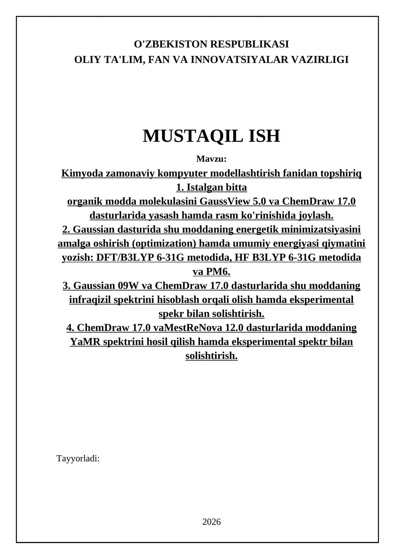 Kimyoda zamonaviy kompyuter modellashtirish fanidan topshiriq 1