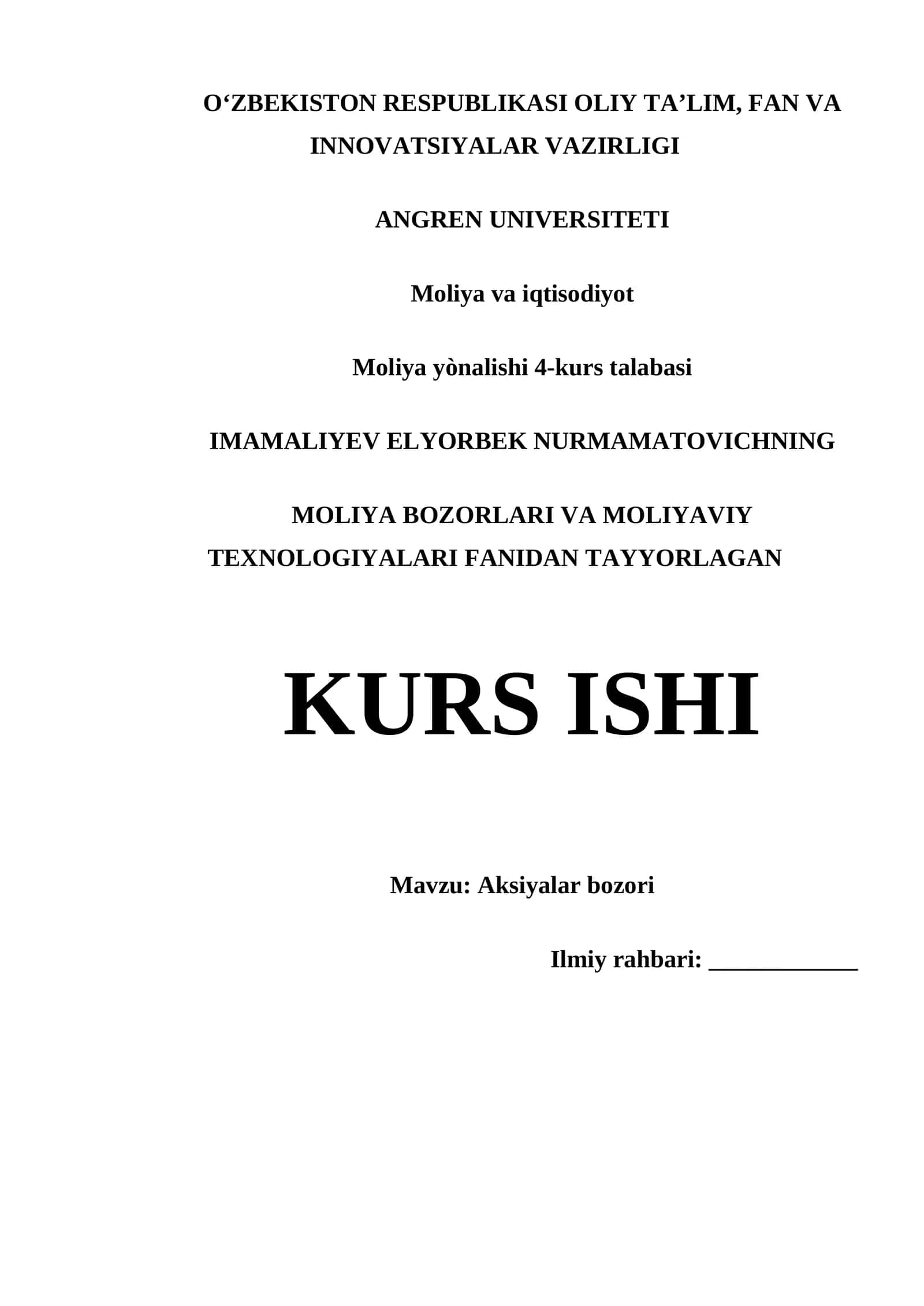 Moliya bozorlari va moliyaviy texnologiyalari fani 1