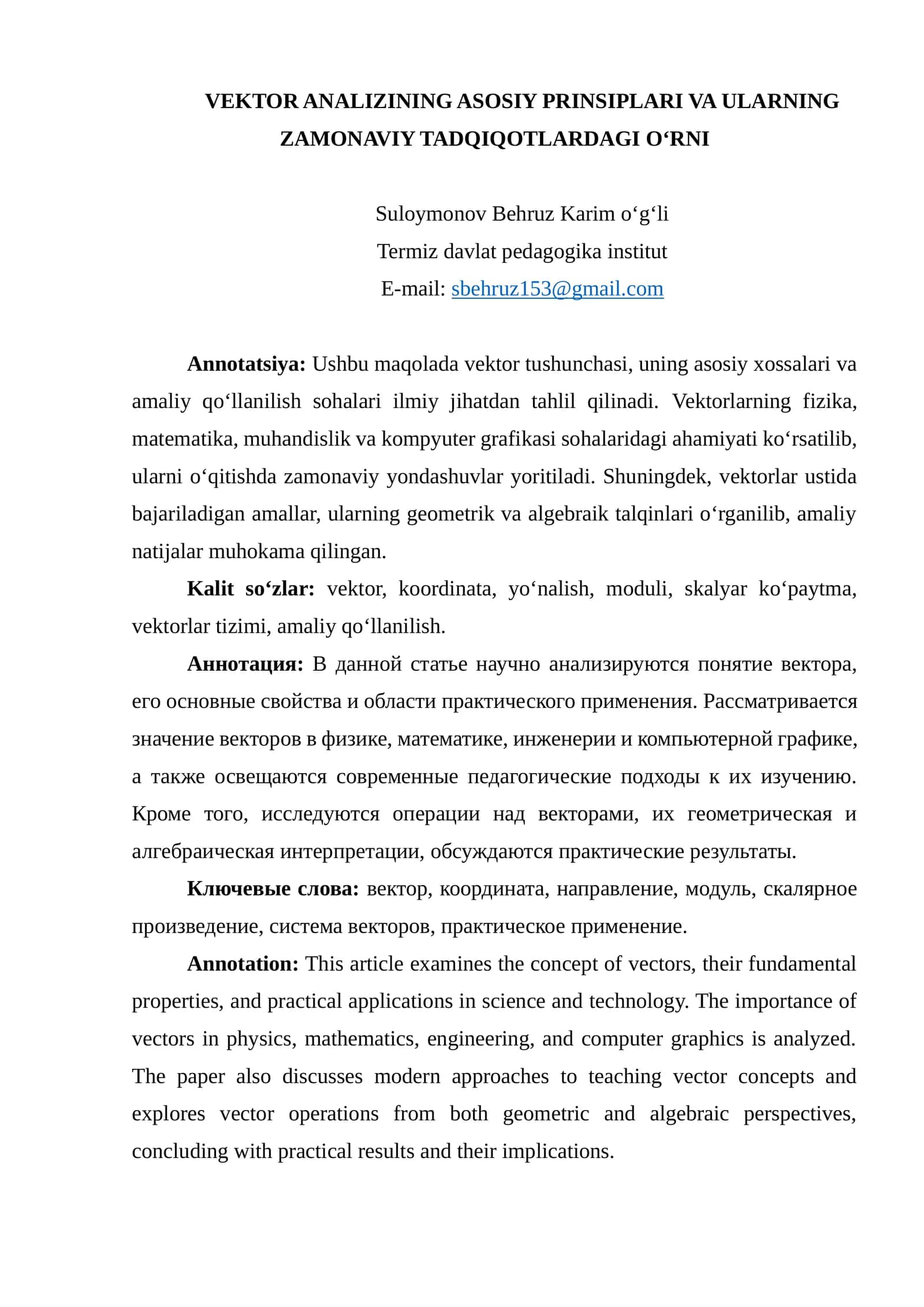 VEKTOR ANALIZINING ASOSIY PRINSIPLARI VA ULARNING ZAMONAVIY TADQIQOTLARDAGI O‘RNI 1