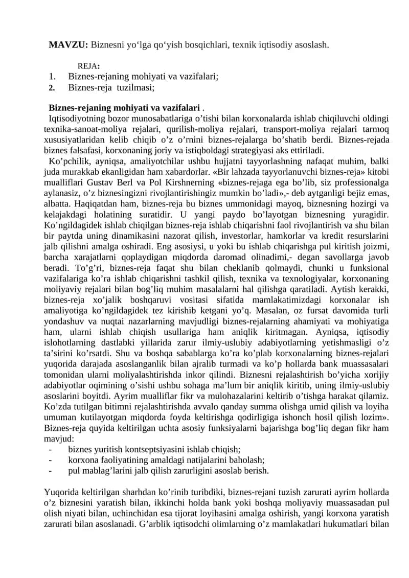 Biznesni yo‘lga qo‘yish bosqichlari, texnik iqtisodiy asoslash 1