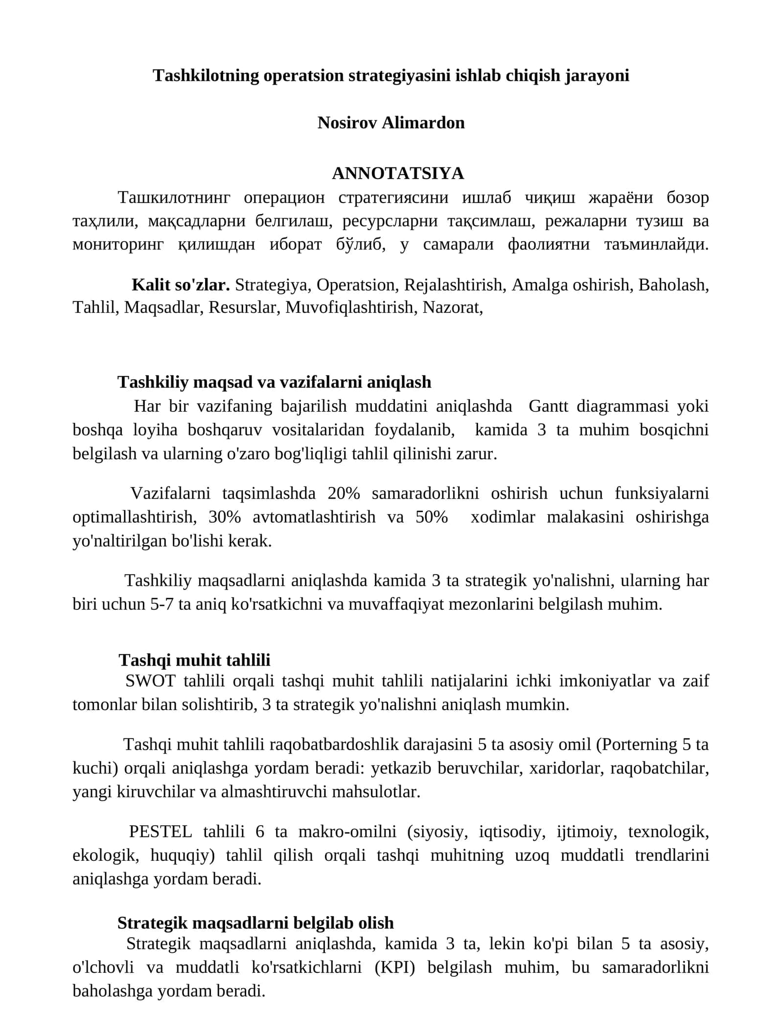 Tashkilotning operatsion strategiyasini ishlab chiqish jarayoni 1