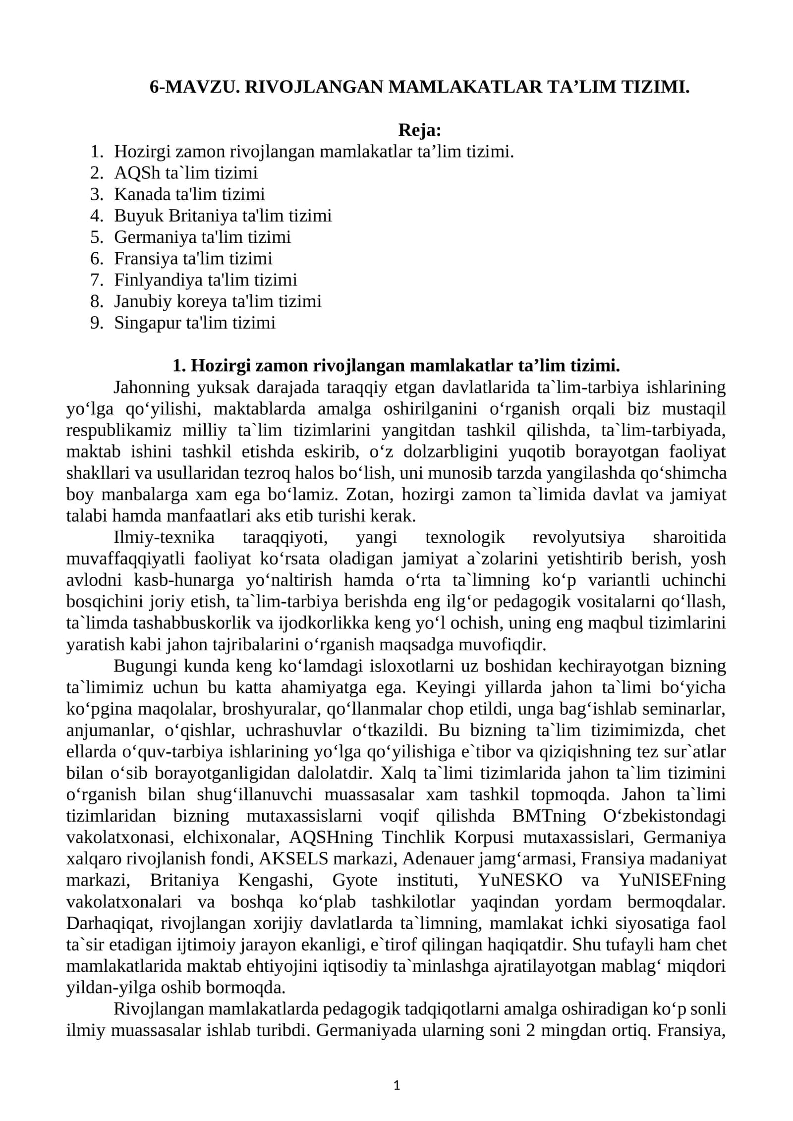RIVOJLANGAN MAMLAKATLAR TA’LIM TIZIMI 1