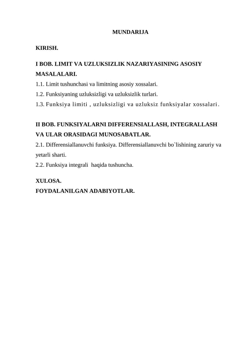 Limit funksiyasining uzluksizligi, uni differensiallash va integrallash 1