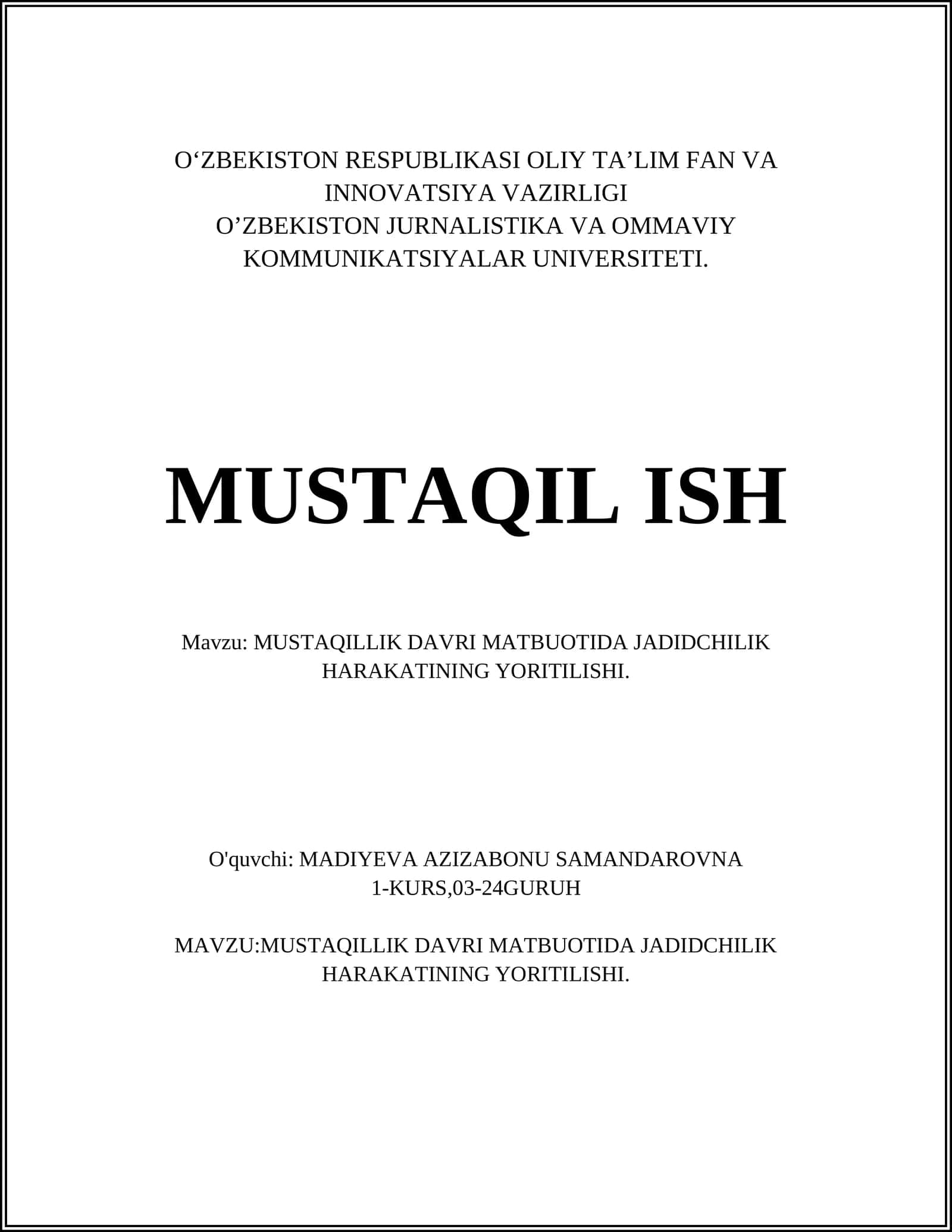 MUSTAQILLIK DAVRI MATBUOTIDA JADIDCHILIK HARAKATINING YORITILISHI 1