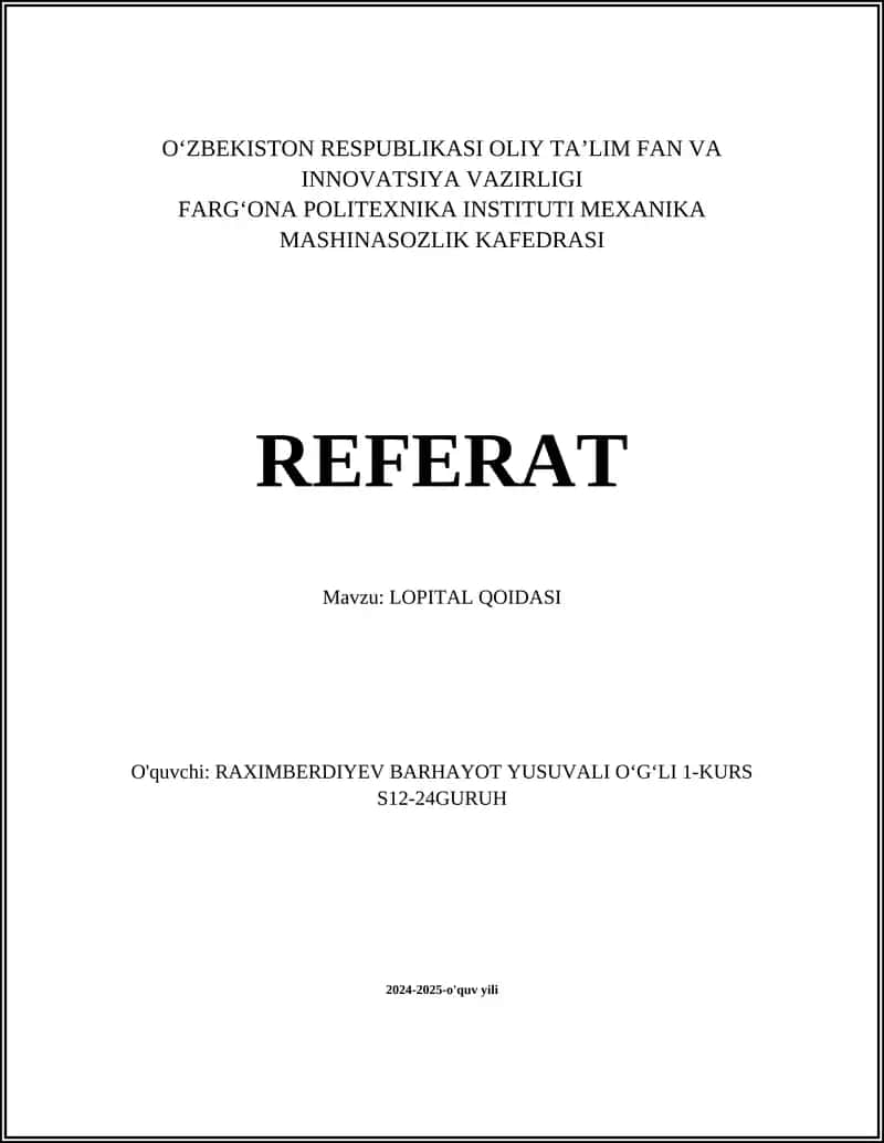 REFERAT Mavzu: LOPITAL QOIDASI 1
