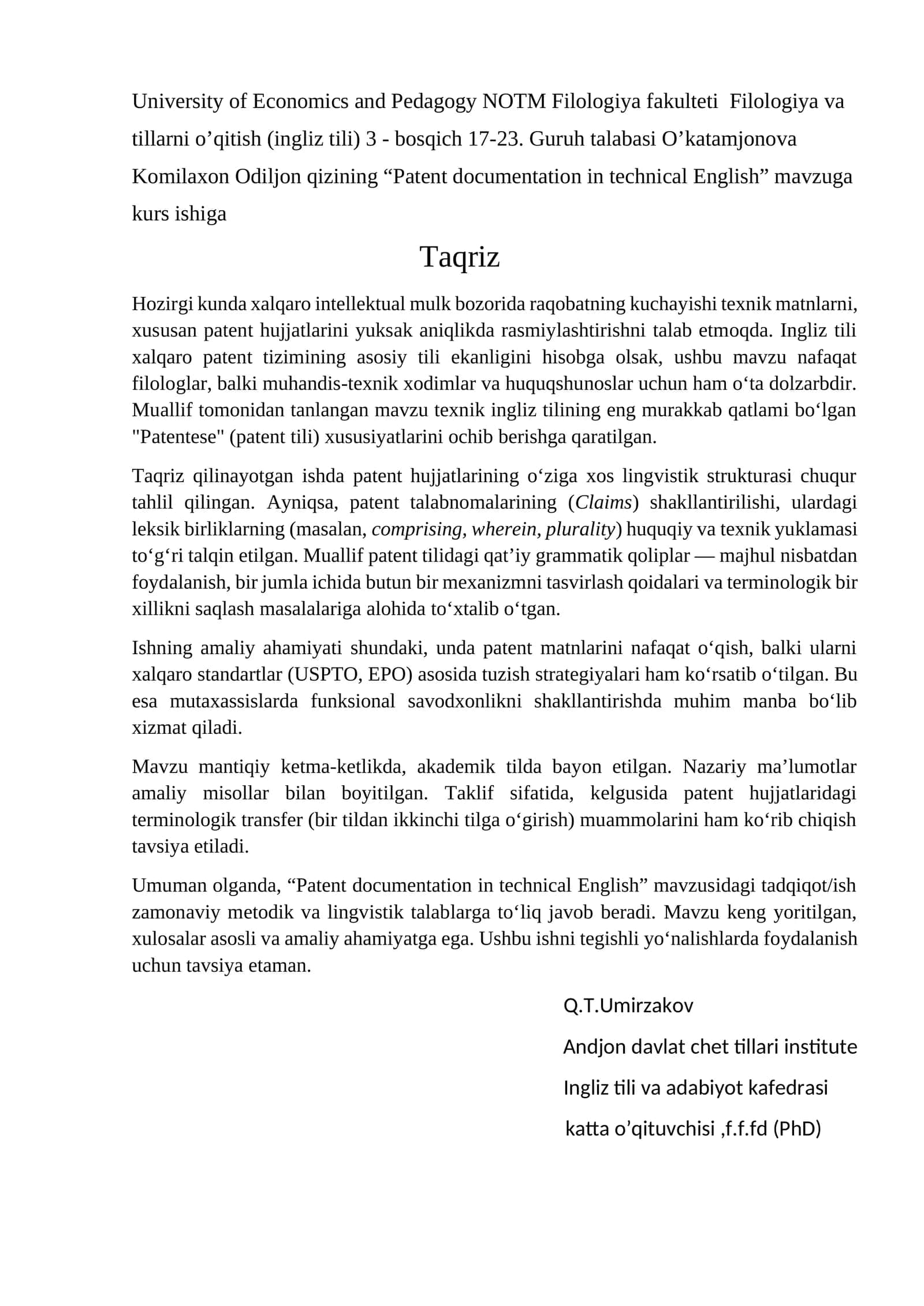 Patent documentation in technical English 1