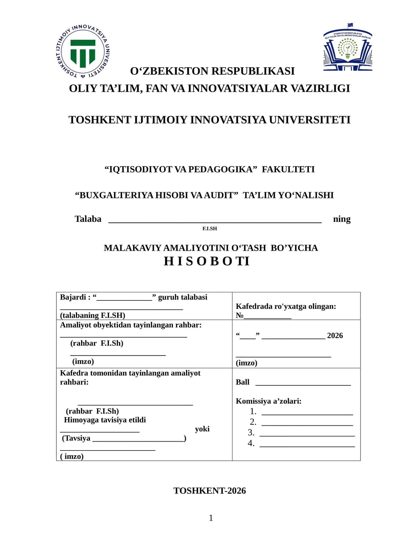 Amaliyot. “O’zbekistoj Kasaba uyushmalari Federatsiyasi Kapital qurilish boshqarmasi “ 1