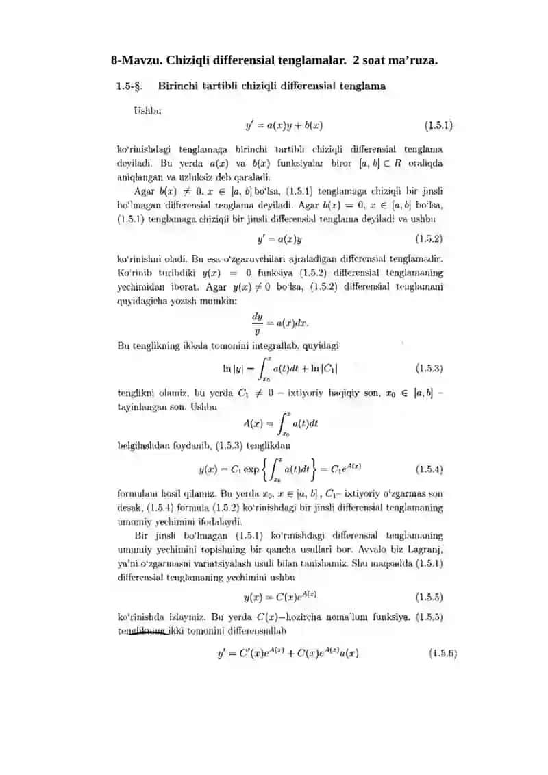 Chiziqli differensial tenglamalar.  2 soat ma’ruza. 1